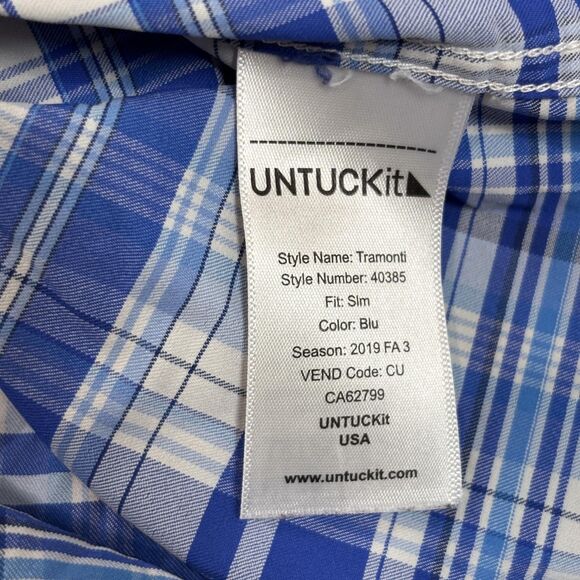 Untuckit Tramonti Shirt Men's Large Blue White Plaid Slim Fit Button Down Pocket - Picture 8 of 9